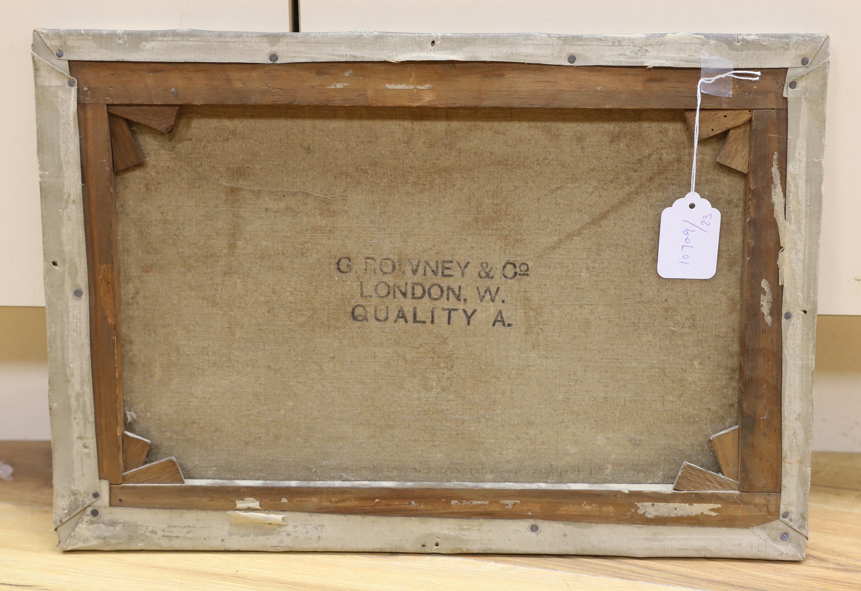 Maritime interest, oil on canvas, British Naval ship at sea, stamp verso, 48 x 33cm, unframed